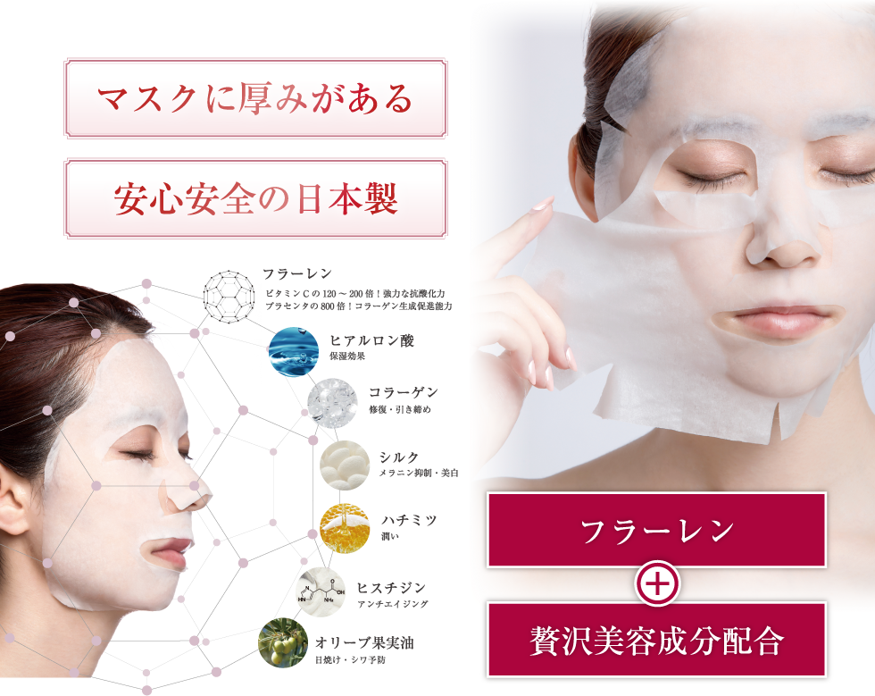 マスクに厚みがある安心安全の日本製。｢フラーレン｣＋「贅沢美容成分配合」